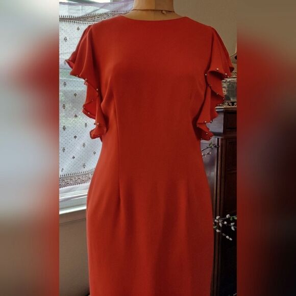 Tahari Red Ruffle Dress Studded Sleeves Valentines Day Dress Size 6 - Picture 1 of 11